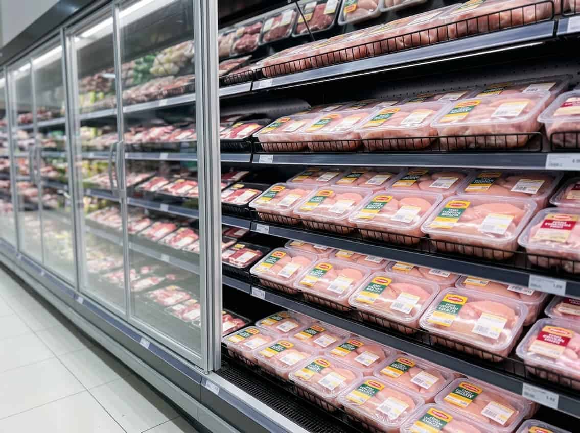 A supermarket refrigerated section displaying neatly packaged chicken breasts on shelves.