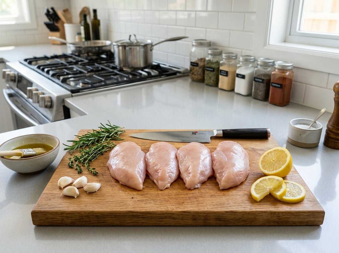 Raw chicken breasts on a wooden cutting board surrounded by fresh herbs, garlic, lemon slices, and a chef's knife in a clean kitchen setting.
