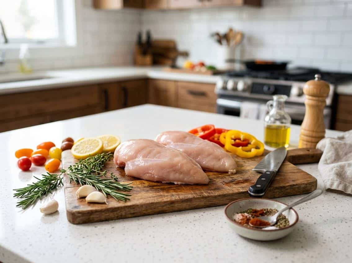 Fresh raw chicken breasts on a wooden cutting board surrounded by herbs, garlic, lemon slices, and vegetables in a kitchen setting.