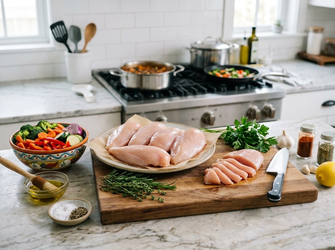 Raw chicken breasts on a kitchen countertop surrounded by fresh ingredients and cooking utensils.