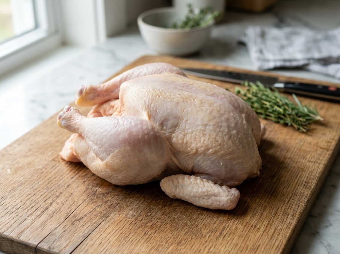 A whole raw chicken on a wooden cutting board showing the location of the chicken breast.