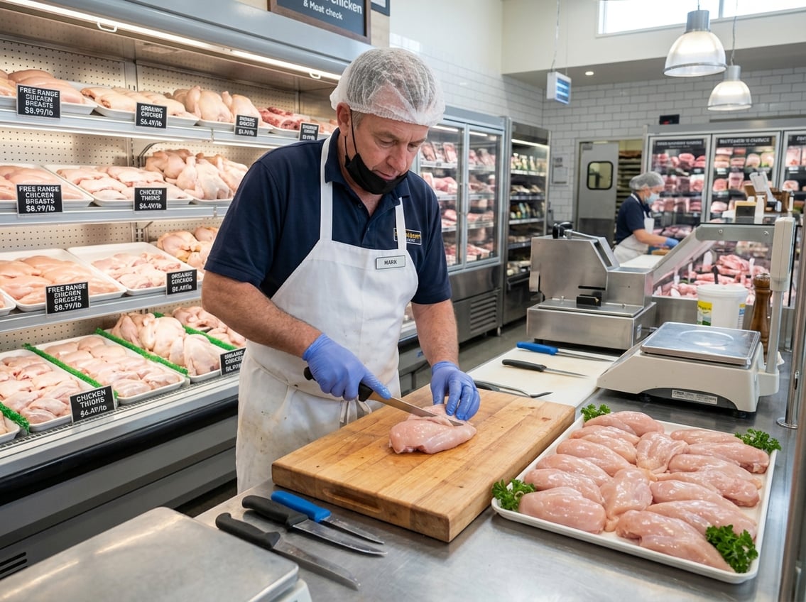 A butcher preparing and displaying fresh chicken breasts at a meat counter in a clean shop.