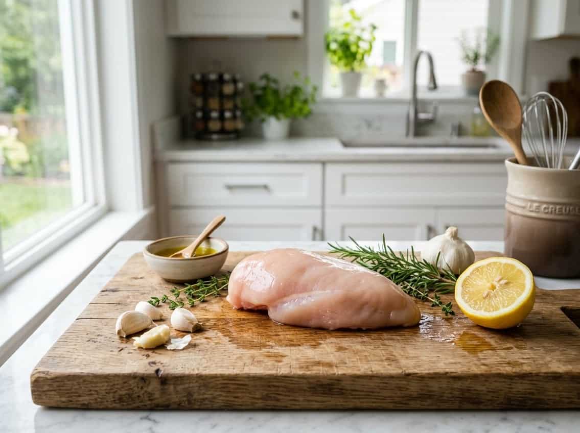 Raw chicken breast on a wooden cutting board with herbs, garlic, and lemon in a bright kitchen.