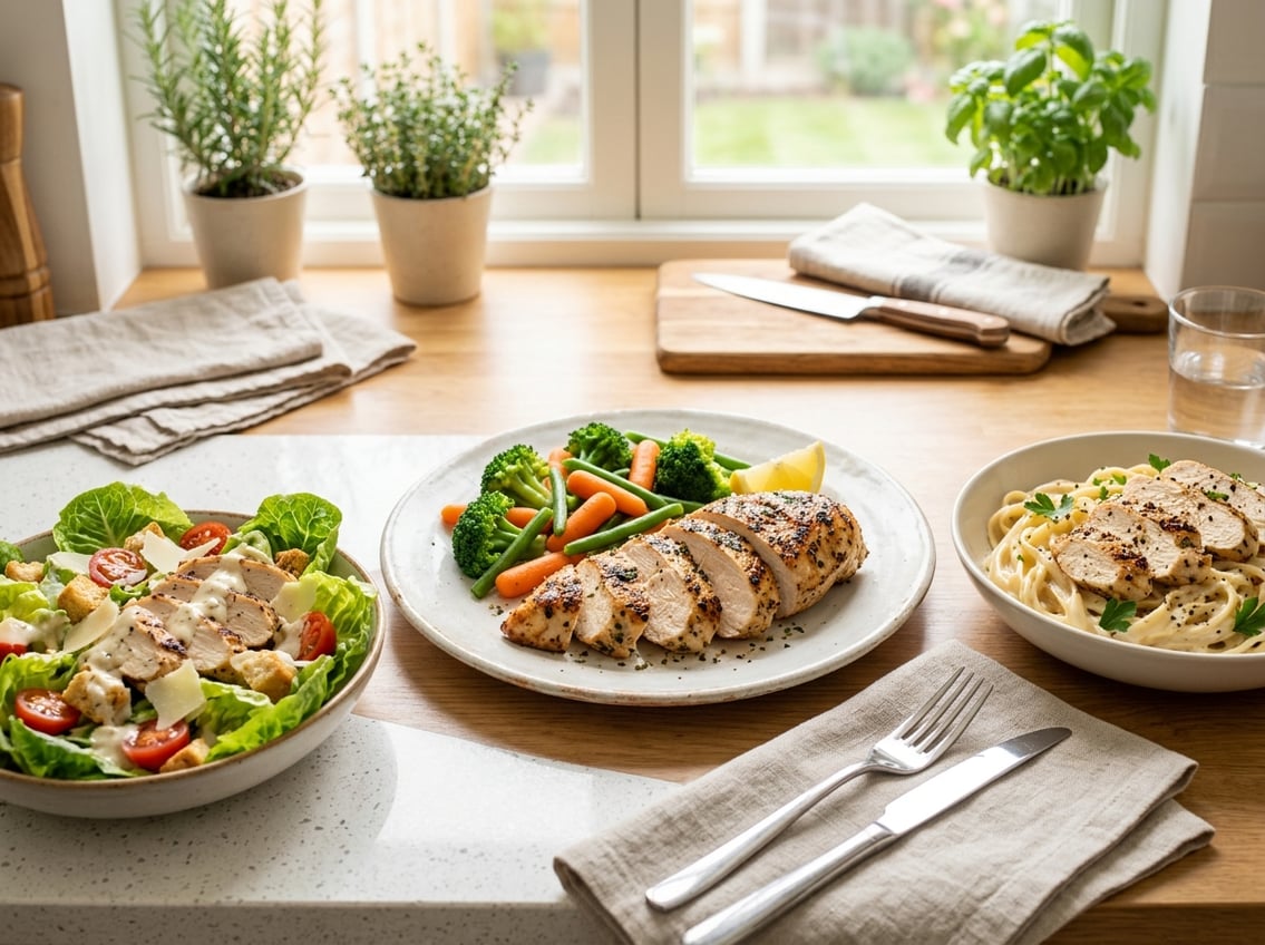 A kitchen countertop displaying plates of cooked chicken breast dishes including grilled chicken breast with vegetables, chicken Caesar salad, and chicken Alfredo pasta.