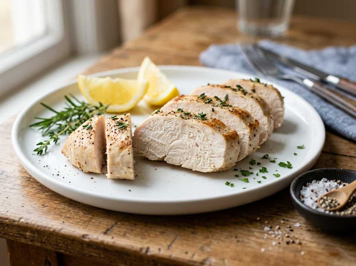 Close-up of sliced cooked chicken breasts on a white plate with fresh herbs and lemon wedges nearby.