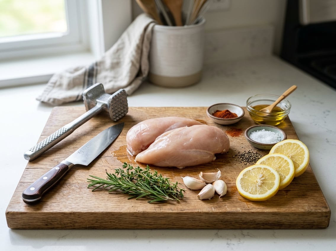 Close-up of raw chicken breasts on a cutting board with kitchen tools and fresh herbs around them.
