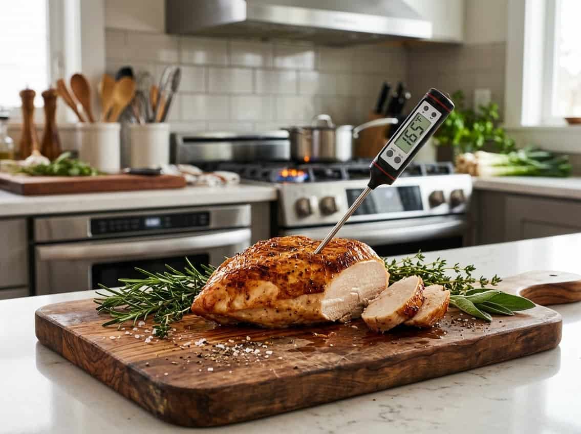 A cooked chicken breast on a cutting board with a kitchen thermometer inserted, surrounded by fresh herbs in a modern kitchen.