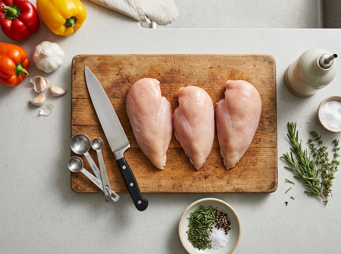 Fresh raw chicken breasts on a wooden cutting board with kitchen tools and fresh vegetables on a countertop.