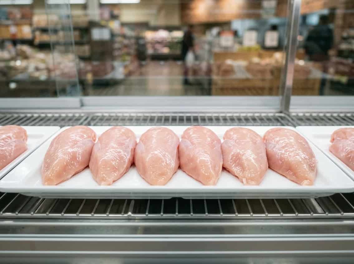 Close-up of fresh, high-quality chicken breasts neatly arranged in a refrigerated meat case at a grocery store.