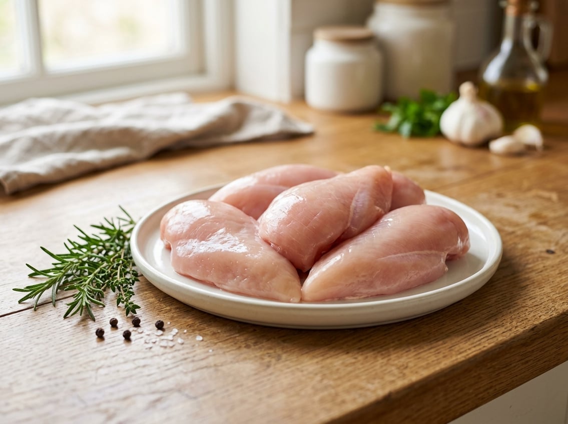 Close-up of fresh raw chicken breasts on a white plate with herbs in a kitchen setting.
