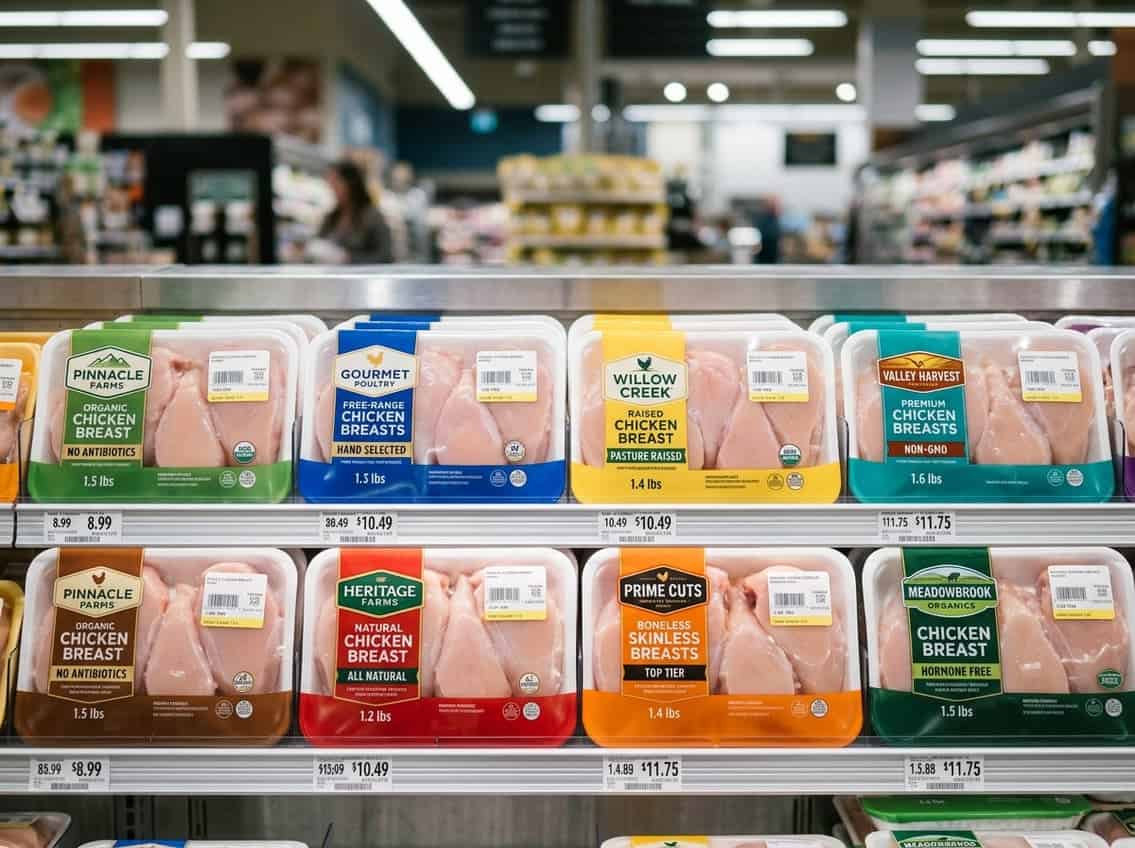A supermarket shelf displaying various packages of fresh chicken breasts from different brands arranged side by side.