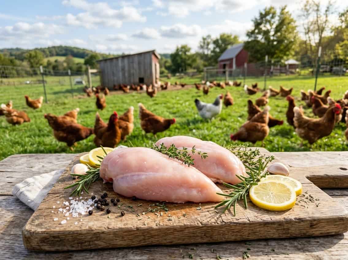 Close-up of fresh raw chicken breasts on a wooden cutting board with herbs and lemon, with free-range chickens outdoors in the background.