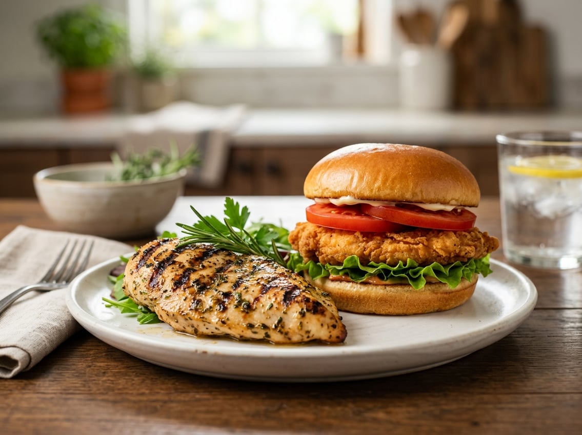 Close-up of a cooked chicken breast on a plate next to a chicken sandwich with lettuce and tomato on a table.