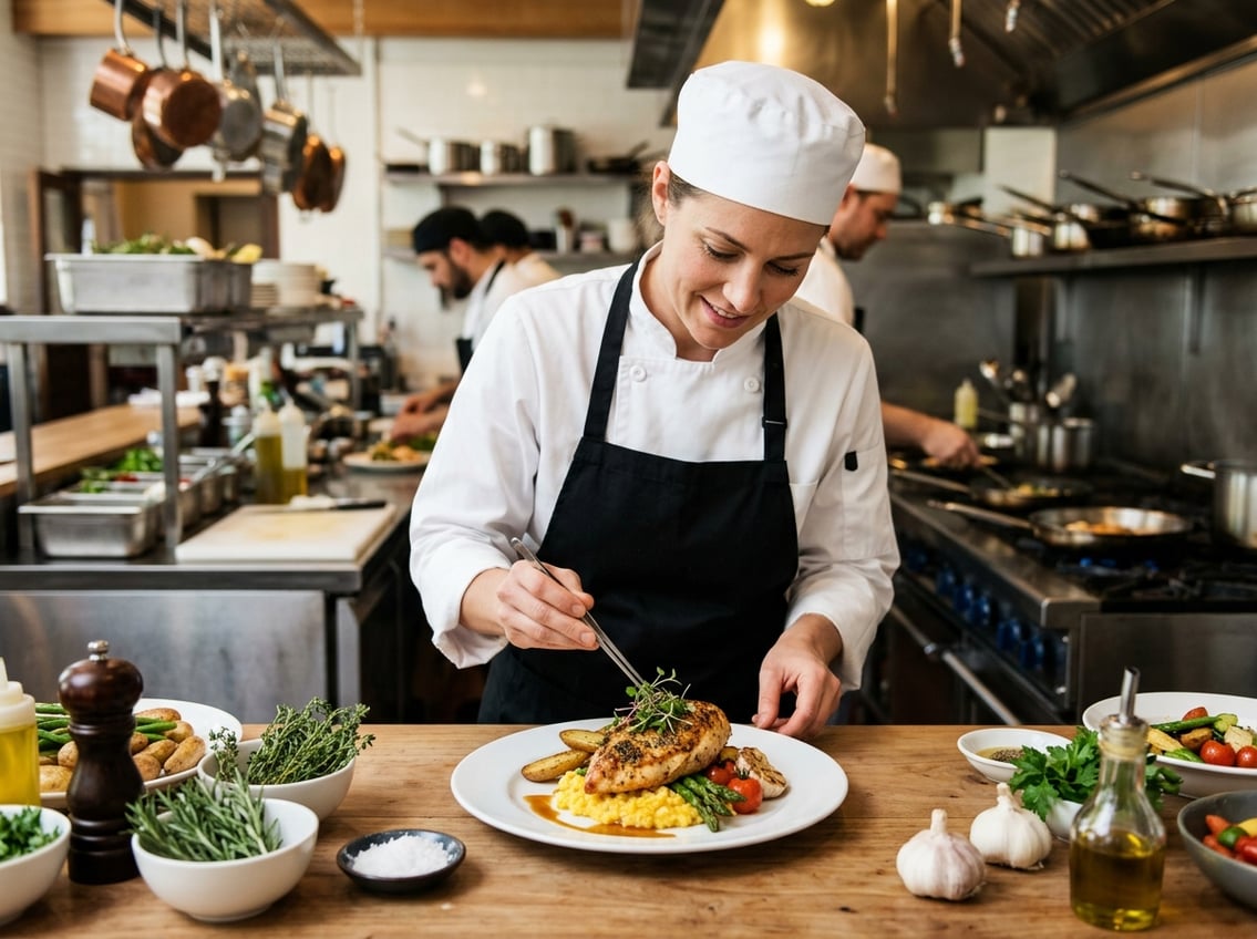 A chef in a white uniform plating a cooked chicken breast in a modern kitchen with fresh ingredients on the counter.