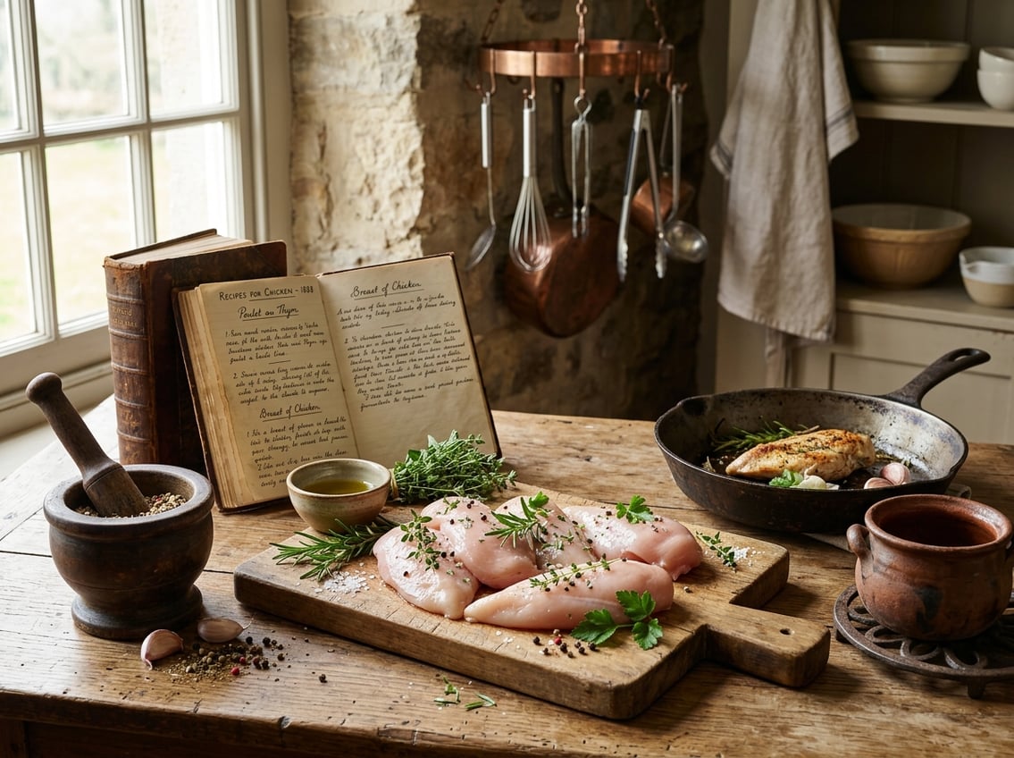 A rustic kitchen table with raw chicken breasts, vintage recipe books, cooking utensils, and fresh herbs arranged under natural light.