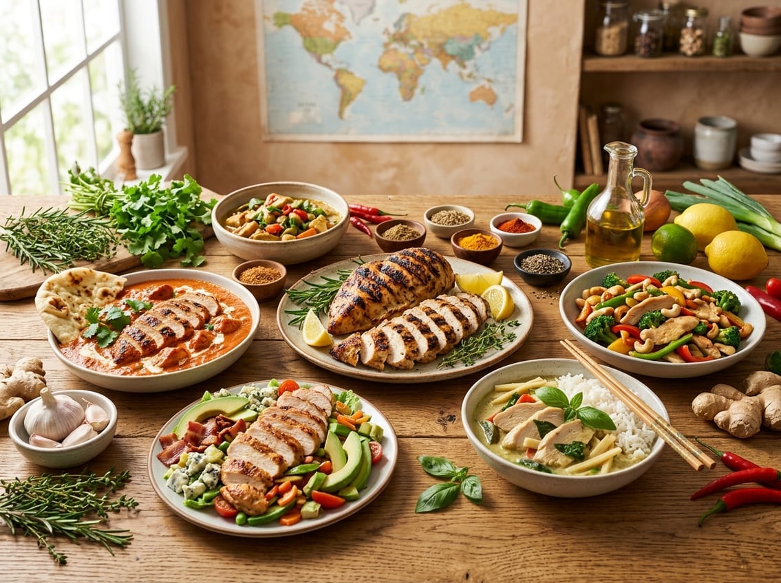 A table displaying various cooked chicken breast dishes with fresh ingredients and a faint world map in the background.