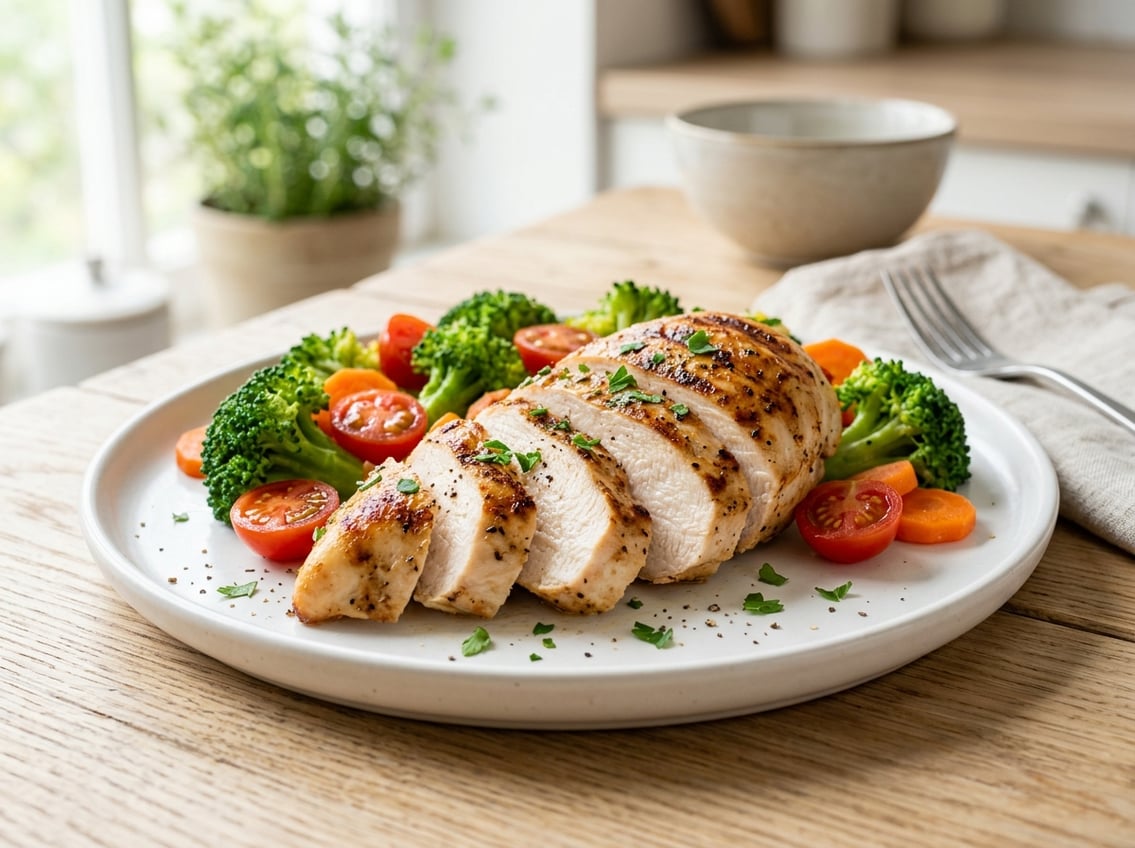 A plate with sliced grilled chicken breast and colorful vegetables on a table in a bright kitchen.