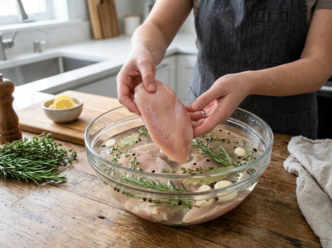 Hands placing raw chicken breasts into a glass bowl of herb-infused brine on a kitchen counter with fresh ingredients nearby.