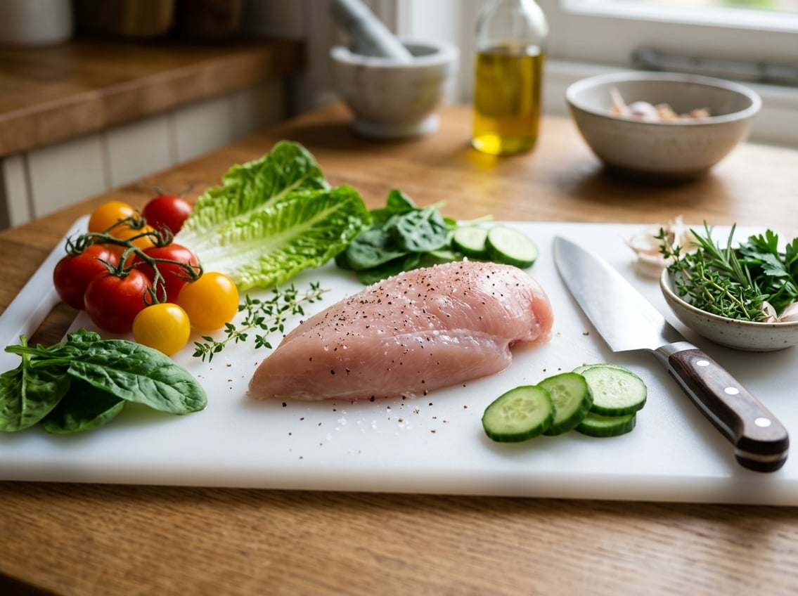 Fresh raw chicken breast on a cutting board surrounded by vegetables and herbs in a kitchen setting.
