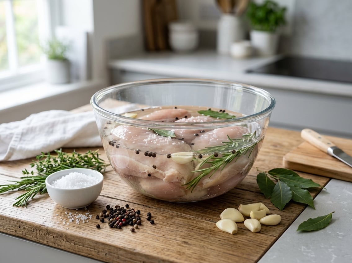 A kitchen countertop with a glass bowl containing raw chicken breasts submerged in water, surrounded by fresh herbs and spices.