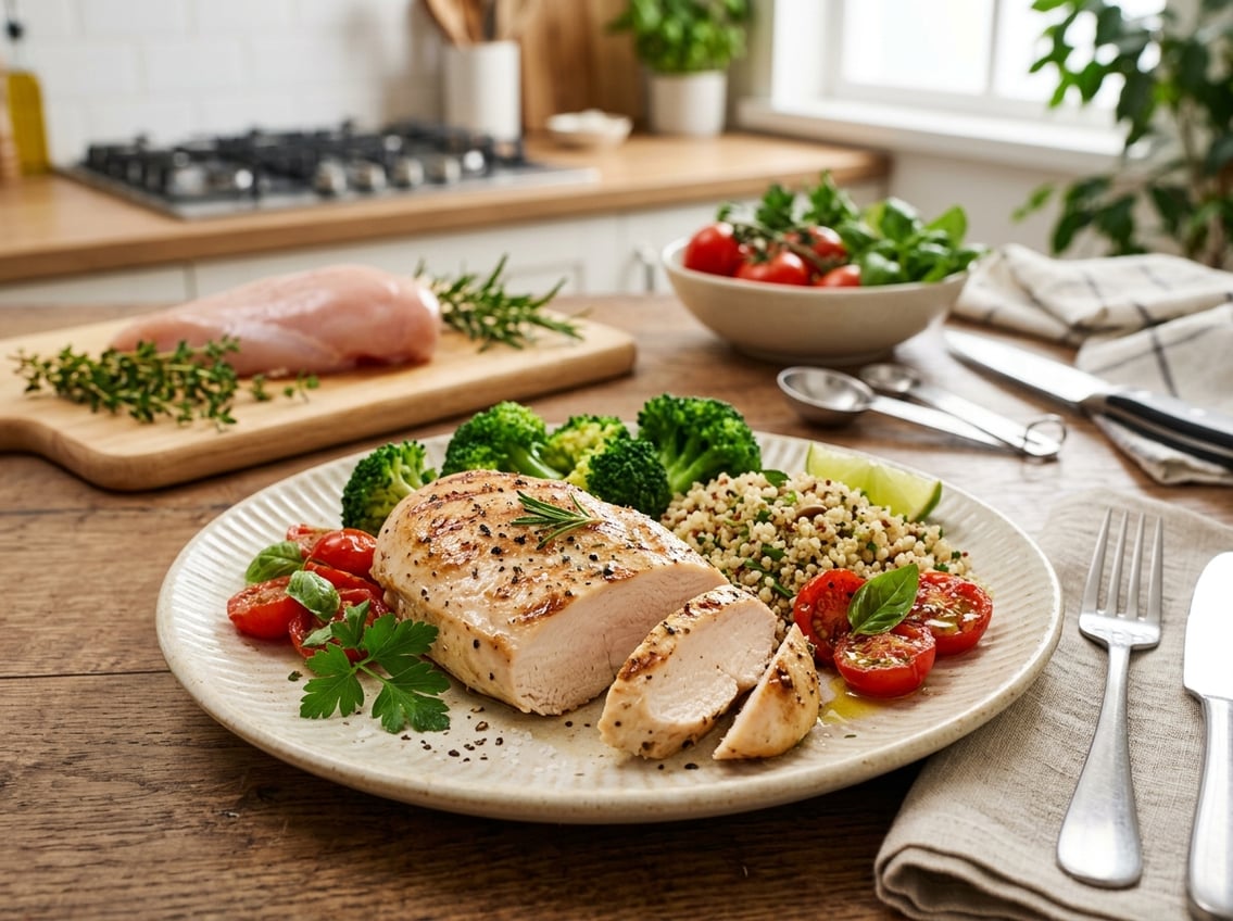 A cooked chicken breast served with steamed broccoli, cherry tomatoes, and quinoa on a plate in a kitchen setting.