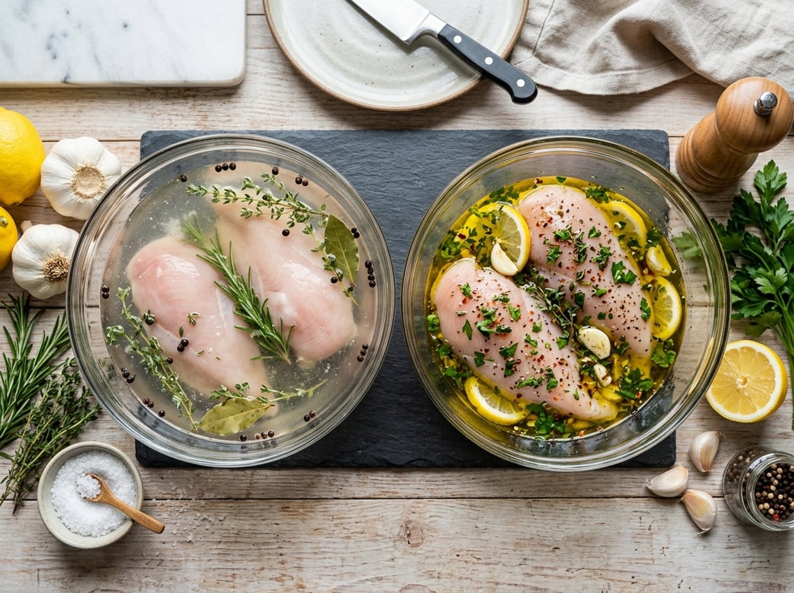Top-down view of two bowls on a kitchen counter, one with chicken breasts in saltwater brine and the other with chicken breasts marinating in olive oil and herbs, surrounded by fresh ingredients like lemons, garlic, and herbs.