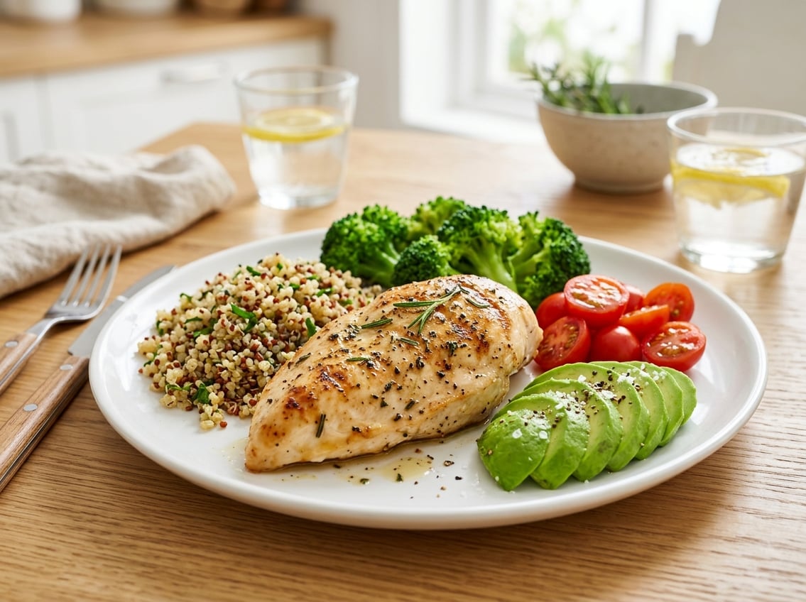 A cooked chicken breast on a white plate with broccoli, quinoa, cherry tomatoes, and avocado slices on a table in a bright kitchen.