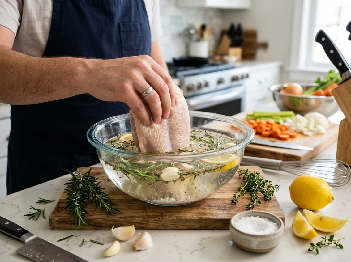 A hand placing a raw chicken breast into a glass bowl of brine on a kitchen countertop surrounded by fresh herbs and ingredients.