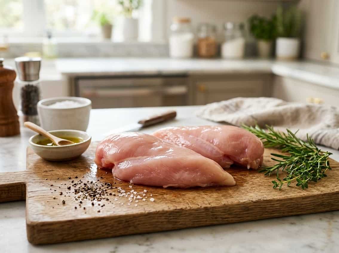 Close-up of raw chicken breasts on a wooden cutting board with fresh herbs and seasoning in a kitchen setting.