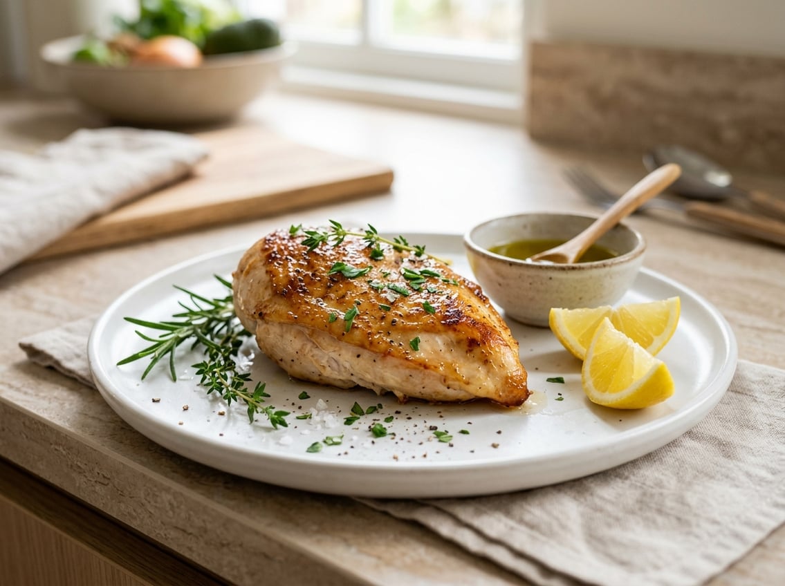 A cooked chicken breast on a white plate with herbs, lemon wedges, and olive oil on a kitchen countertop.