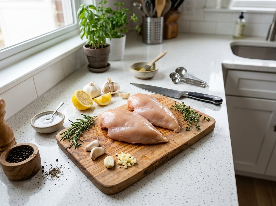 Fresh raw chicken breasts on a wooden cutting board with herbs, lemon slices, and cooking utensils on a kitchen countertop.