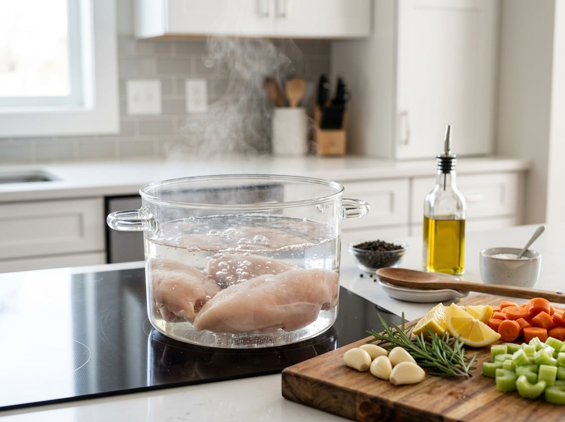 A pot of chicken breasts boiling on a stove surrounded by fresh herbs and vegetables in a bright kitchen.