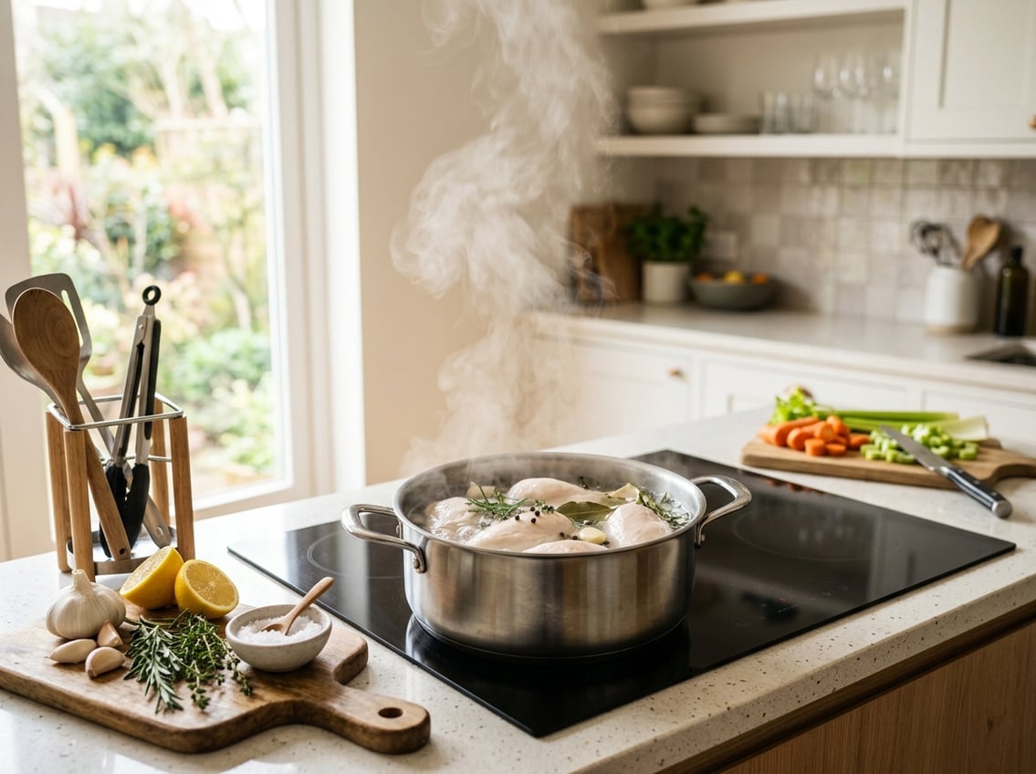 A pot of boiling chicken breasts on a stove in a bright kitchen with fresh ingredients around it.