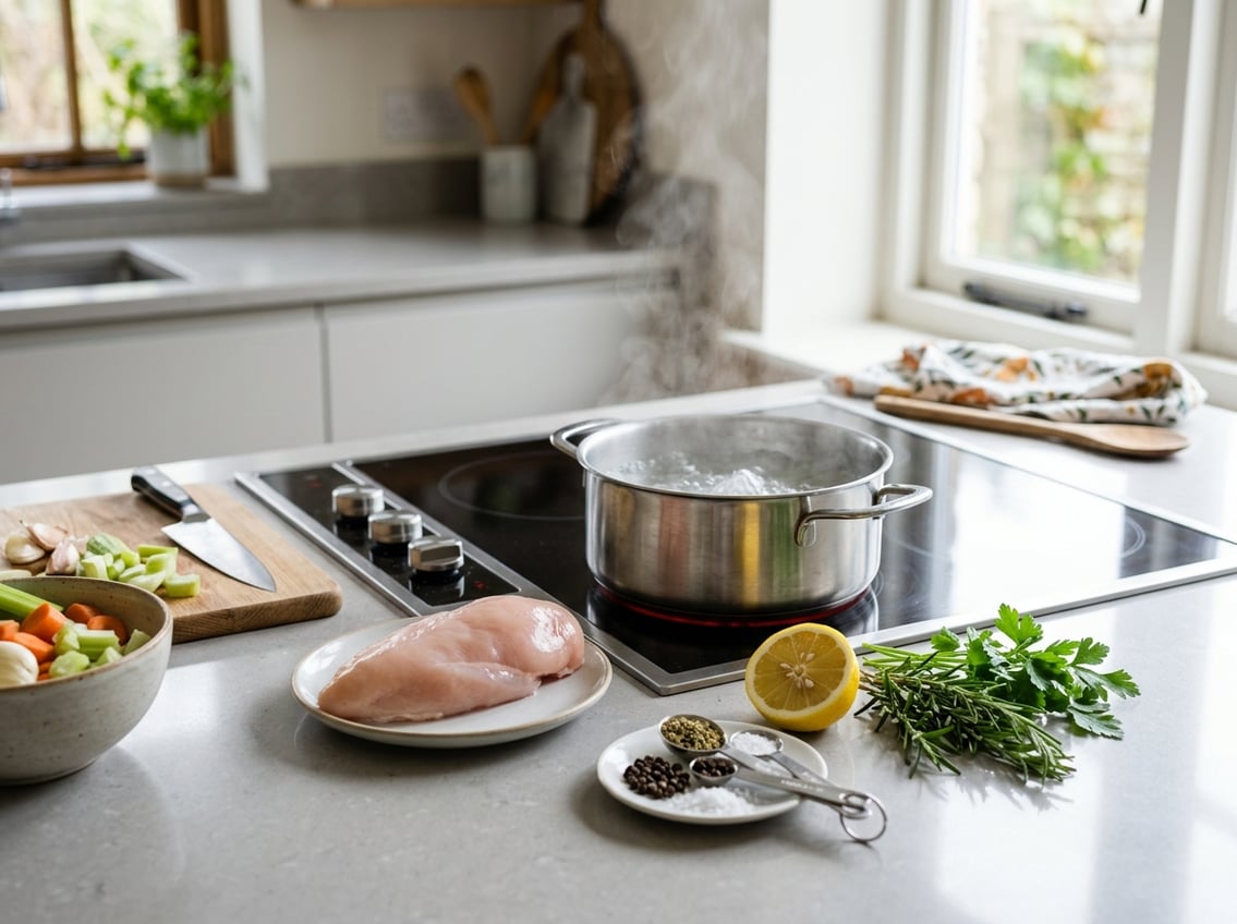 A kitchen countertop with a raw chicken breast next to a pot of boiling water and fresh herbs.