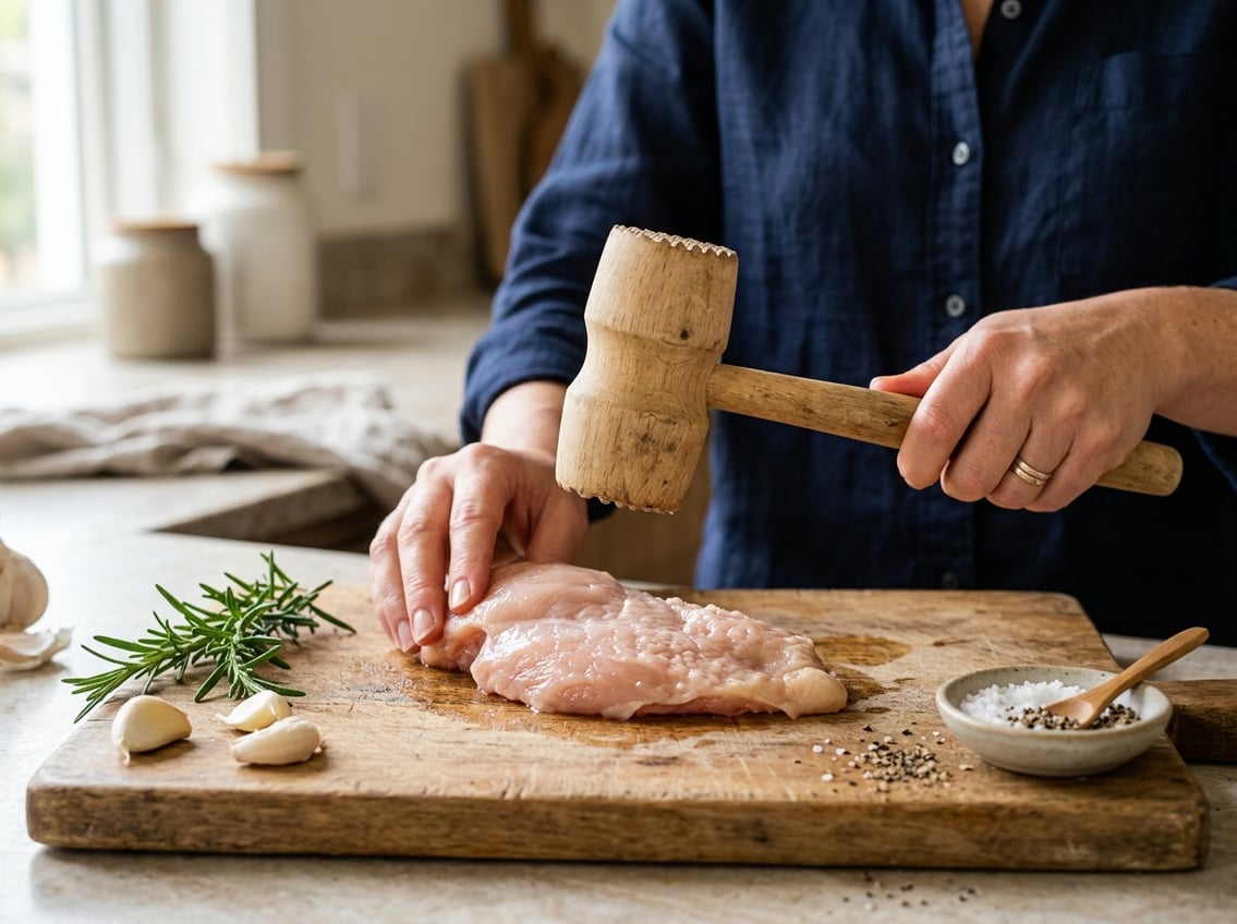 Close-up of hands pounding raw chicken breast with a wooden mallet on a cutting board surrounded by fresh herbs and garlic.
