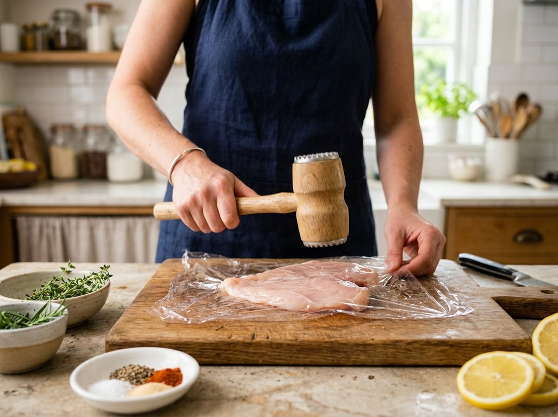 Hands flattening a raw chicken breast with a meat mallet on a cutting board in a kitchen.