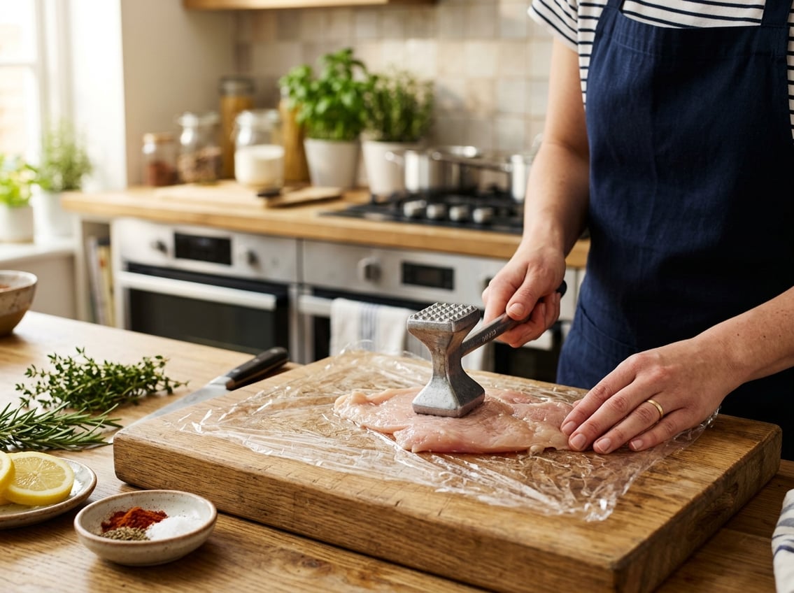 Hands pounding a raw chicken breast on a wooden cutting board with fresh herbs and lemon slices nearby in a kitchen.