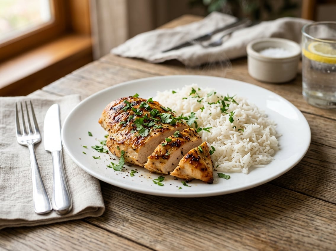 A plate with cooked chicken breast and white rice garnished with fresh herbs on a wooden table.