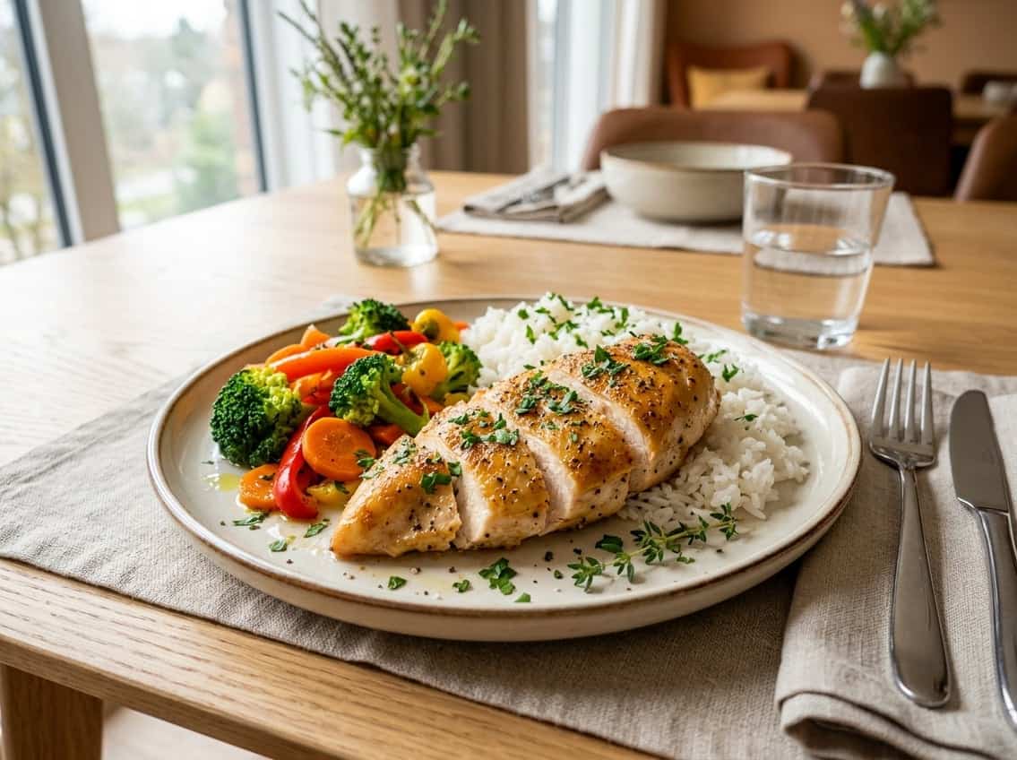 A plate with cooked chicken breast, white rice, and steamed vegetables on a dining table.