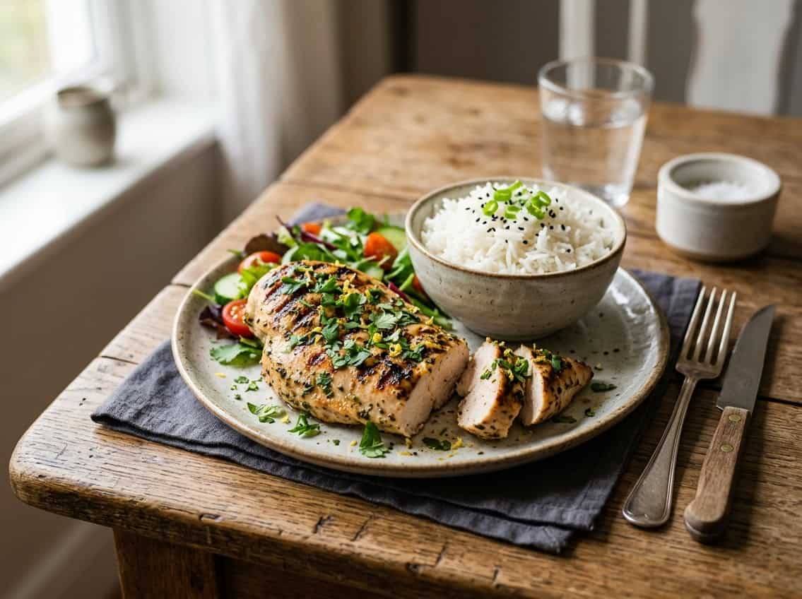 A plate with grilled chicken breast and a bowl of white rice on a wooden table.