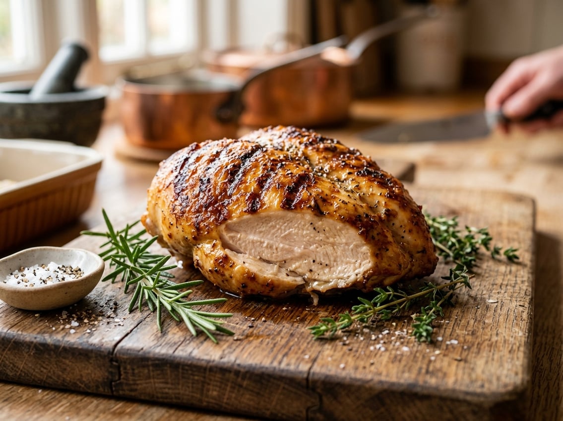Close-up of a cooked chicken breast with a golden-brown crust on a wooden cutting board, garnished with fresh herbs.