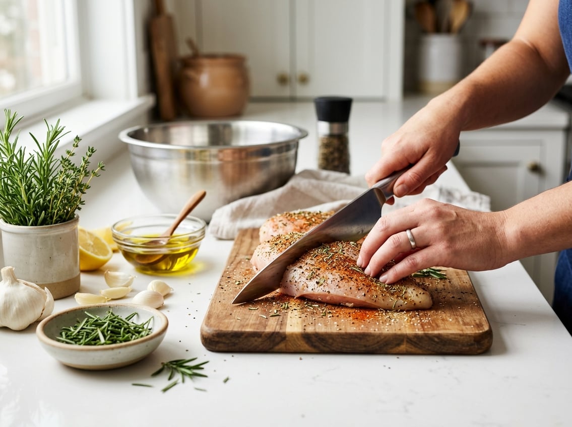 Hands preparing raw chicken breasts with herbs and lemon on a kitchen countertop.