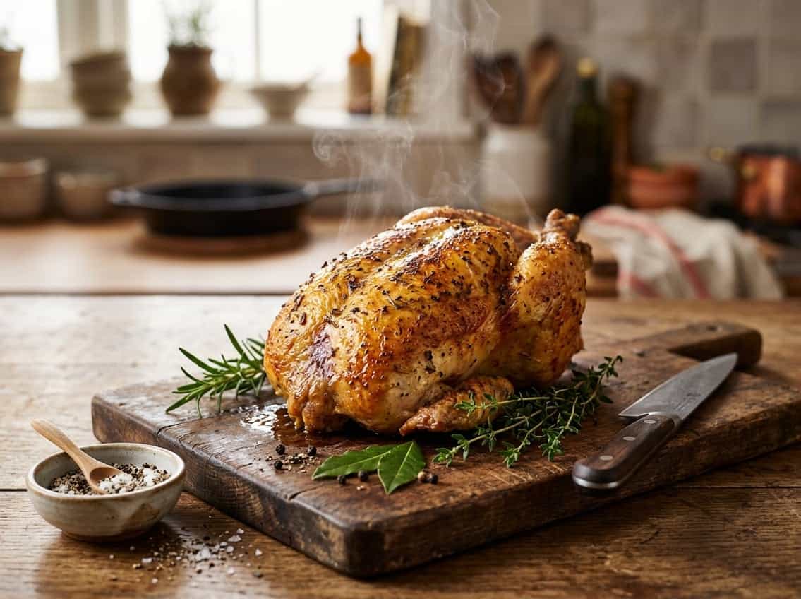 A perfectly cooked golden chicken breast on a wooden cutting board with fresh herbs and a carving knife in a kitchen setting.