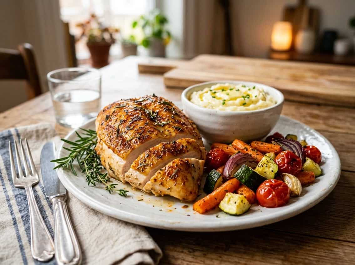 A plate with a rotisserie-style chicken breast garnished with herbs, served alongside roasted vegetables and mashed potatoes on a dining table.