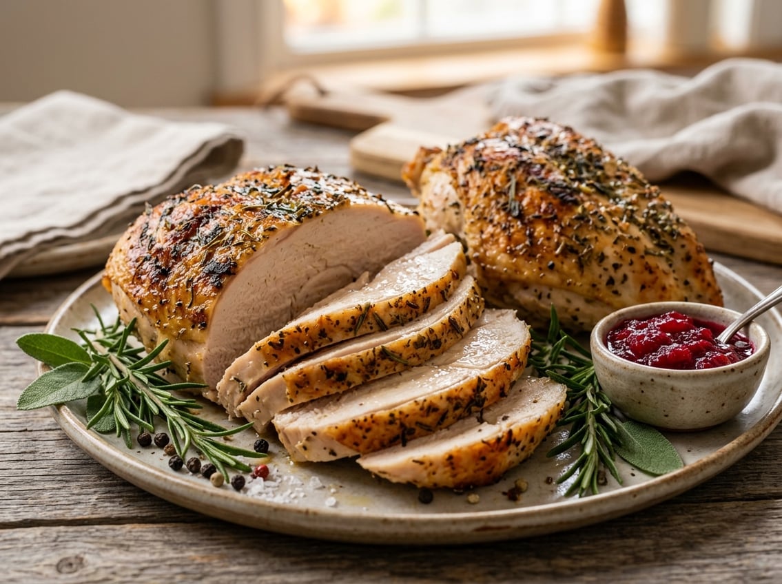 Sliced cooked chicken breast styled with herbs and cranberry sauce on a kitchen counter.