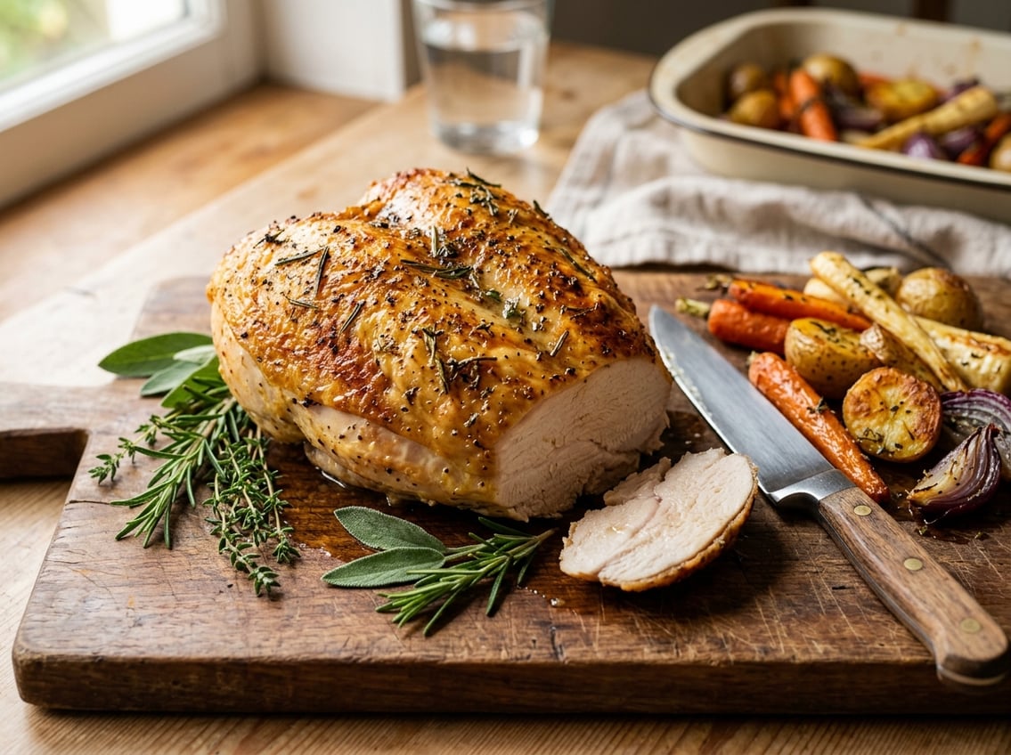A golden brown roasted chicken breast on a wooden cutting board with fresh herbs and roasted vegetables in a kitchen setting.