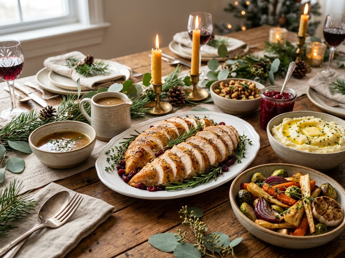 A holiday meal with sliced roasted chicken breast, bowls of pan juices and gravy, and side dishes on a wooden table with holiday decorations.