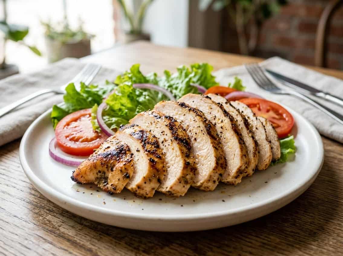 Close-up of sliced grilled chicken breast with fresh lettuce, tomato, and onions on a white plate.