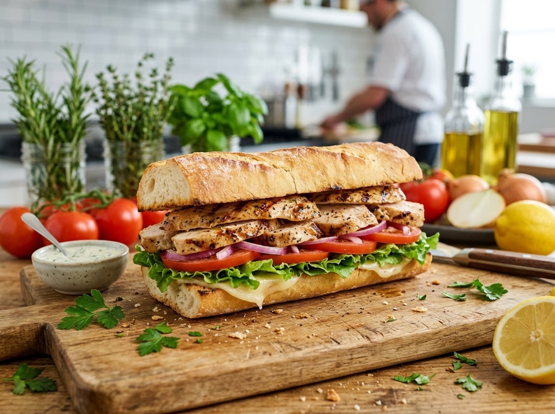 A close-up of a juicy grilled chicken breast sandwich with lettuce, tomato, onions, and cheese on a sandwich roll, placed on a wooden cutting board.