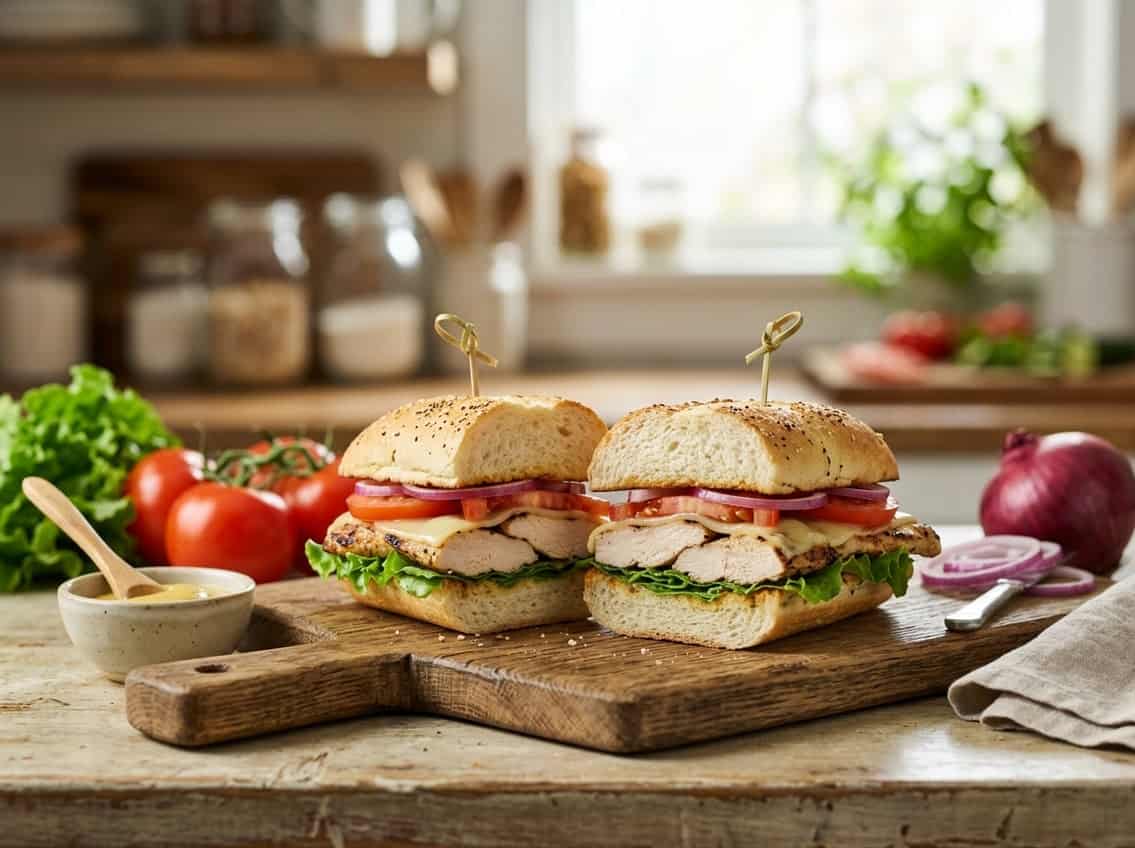 A fresh chicken breast sandwich with lettuce, tomato, onion, and cheese on a toasted sub roll placed on a wooden board with fresh vegetables around it.